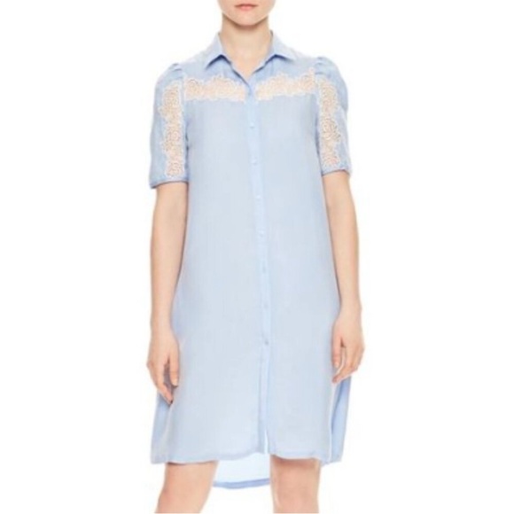 Sandro Paris Slade Bleu Ciel lace inset shirt dress sz EU 36/US 4 NWT - Picture 1 of 14